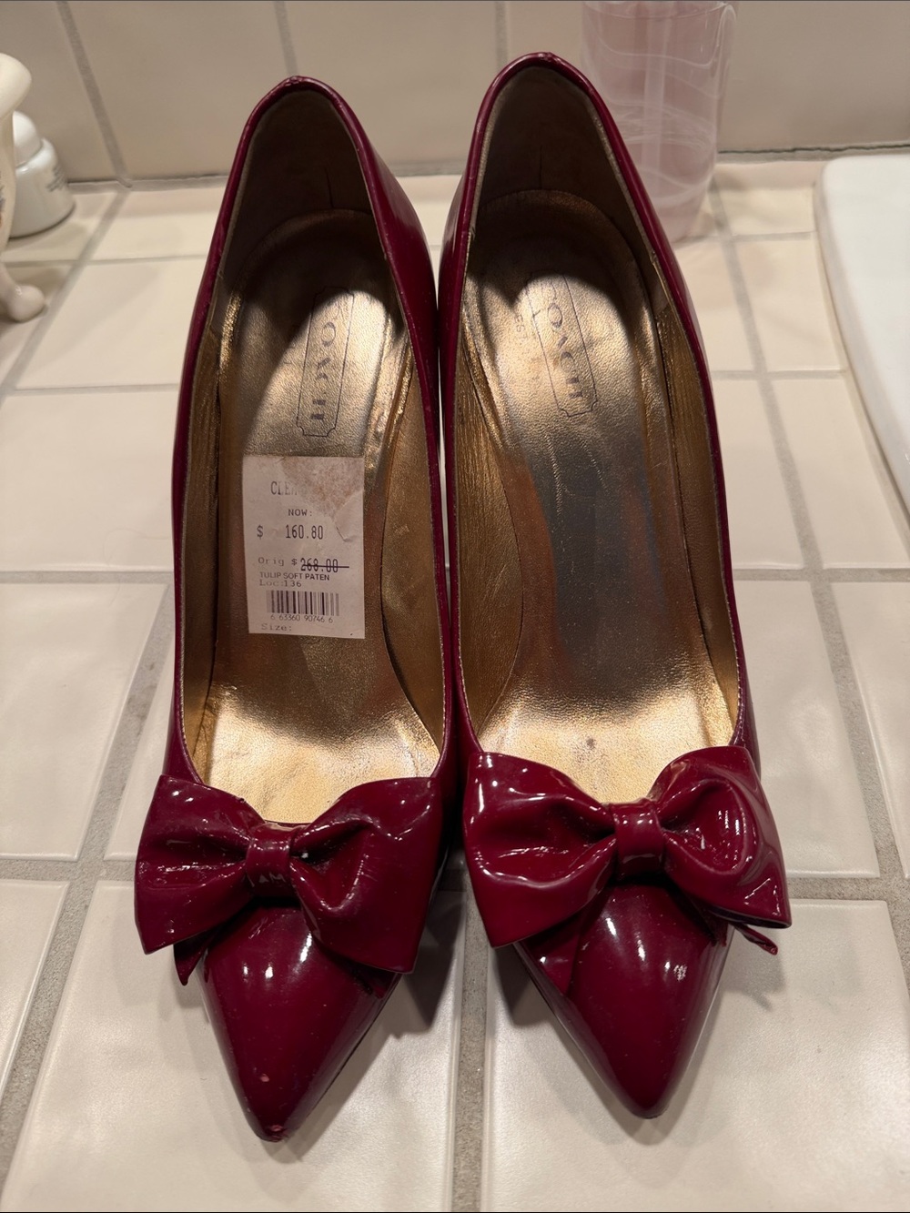 Coach Burgundy Patent Pointed-Toe Pumps with Bow